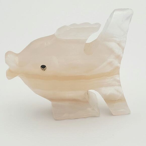 Carved Onyx Stone Fish Figurine Ivory & Tan, Hand Tropical Fish Sculpture - Picture 1 of 7